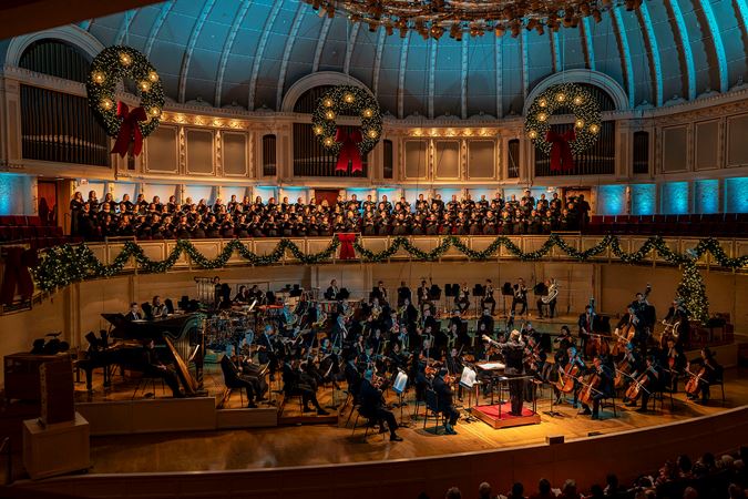 Wideshot of members of the Chicago Symphony Orchestra and Chorus
