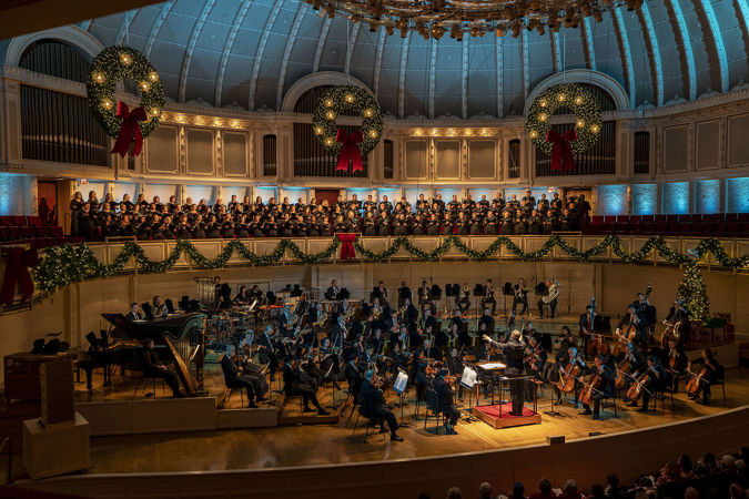 Wideshot of members of the Chicago Symphony Orchestra and Chorus