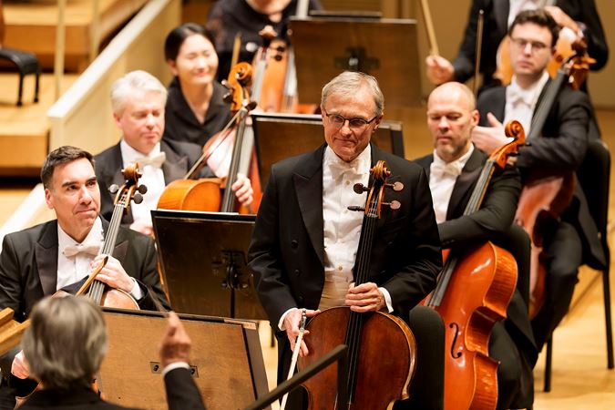 Riccardo Muti gestures to CSO Principal Cello John Sharp to take a bow after Stravinsky's Divertimento