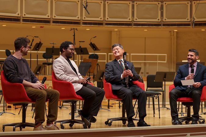 John Yeh sits with the three composers on stage to discuss his work with the late Pierre Boulez
