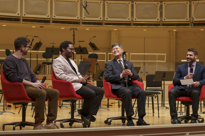 John Yeh sits with the three composers on stage to discuss his work with the late Pierre Boulez