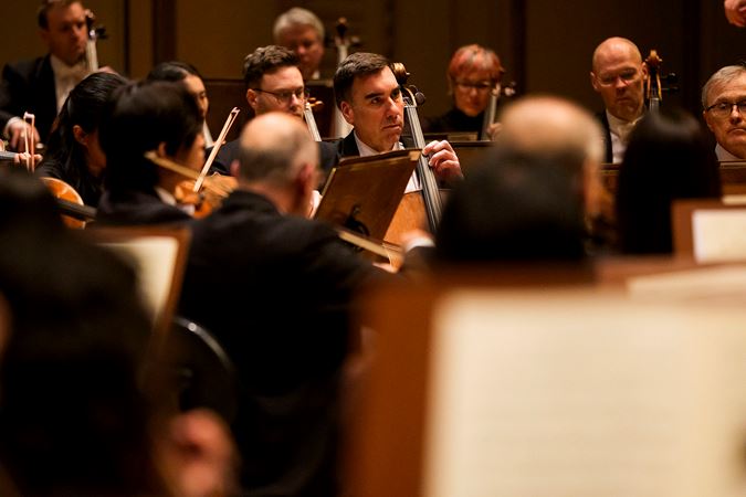 CSO cello Ken Olsen concentrates during the performance of Symphonie fantastique