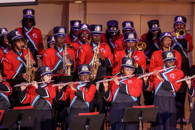 Kenwood Academy High School Marching Band flute, saxophone and trombone players
