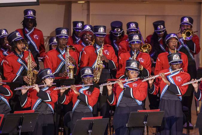 Kenwood Academy High School Marching Band flute, saxophone and trombone players