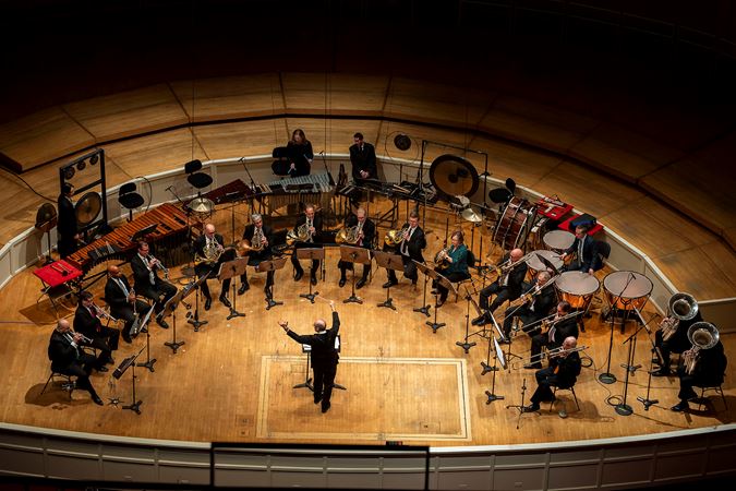 an overhead shot of the brass and percussion ensemble