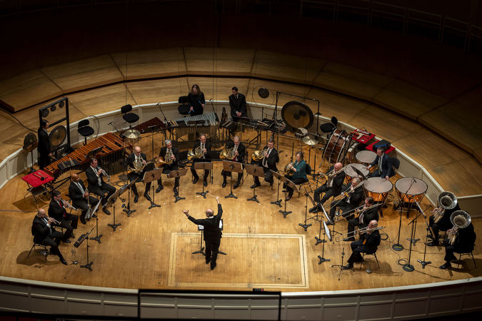 an overhead shot of the brass and percussion ensemble