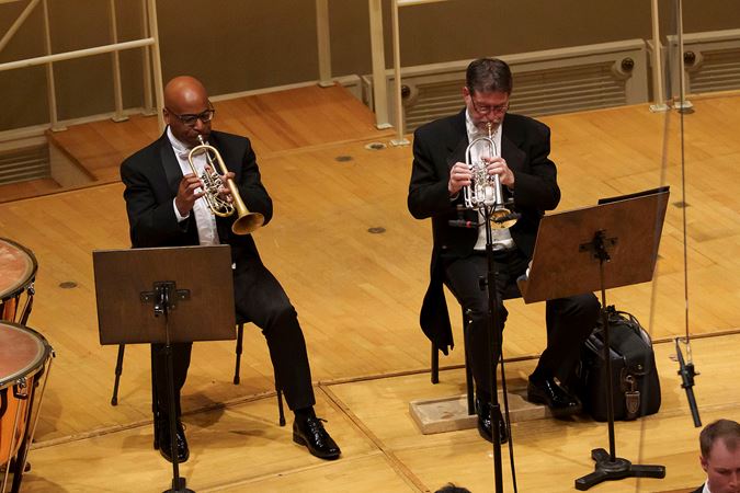 Closeup of CSO trumpets Tage Larson and Mark Ridenour