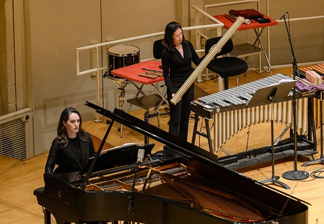 pianist Kelly Estes and CSO principal percussion Cynthia Yeh perform in the world premiere of Song of the Reappeared