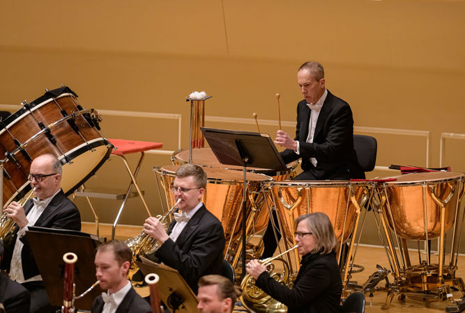A close up of CSO principal timpani David Herbert performing on stage