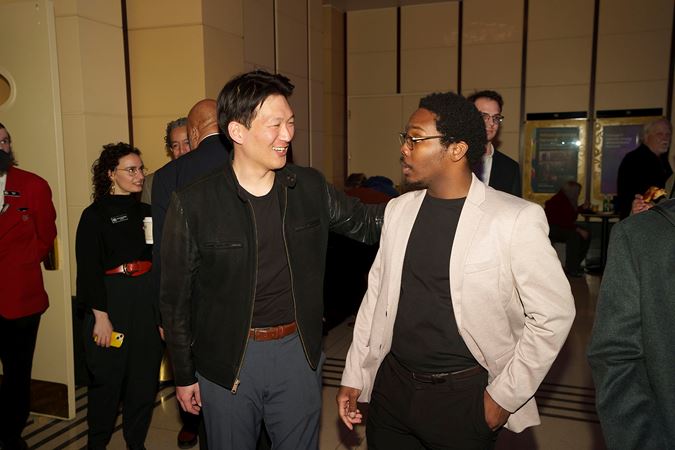 conductor Nicholas Koo and composer Quinn Mason hold a lively conversation at the afterparty