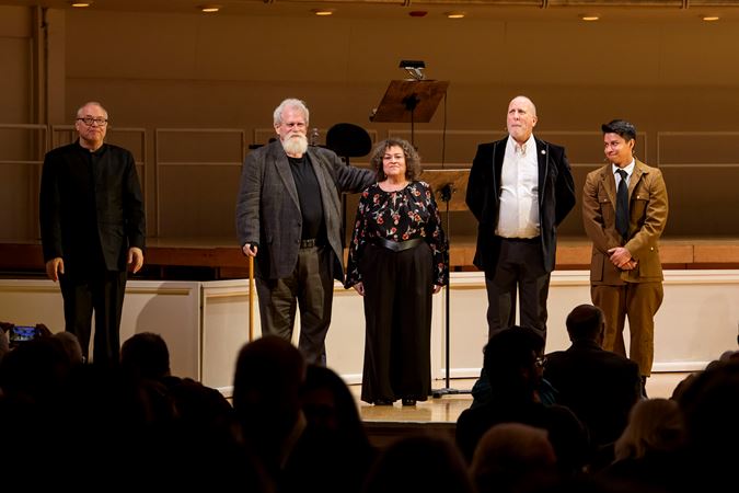 Bow shot of conductor Stefan Asbury, director Steve Scott and three actors from The Goodman (Cindy Gold, Jordan Arredondo and Joe Dempsey)
