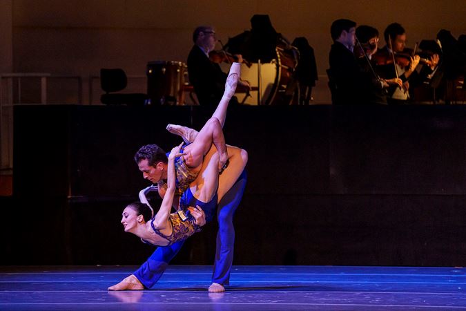 An action shot of The Joffrey Ballet dancers from Hall's world premiere choreography titled Second Nature