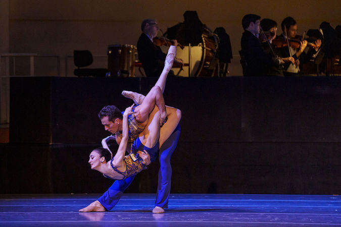 An action shot of The Joffrey Ballet dancers from Hall's world premiere choreography titled Second Nature