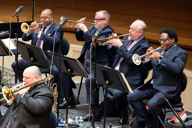 A group shot of the Jazz at Lincoln Center Orchestra's trumpet section with Wynton Marsalis
