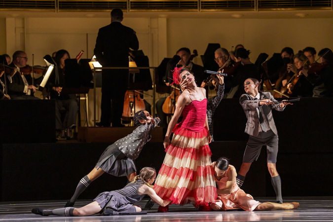 An action shot of The Joffrey Ballet dancers from Blanc's world premiere choreography titled Les Bœufoons