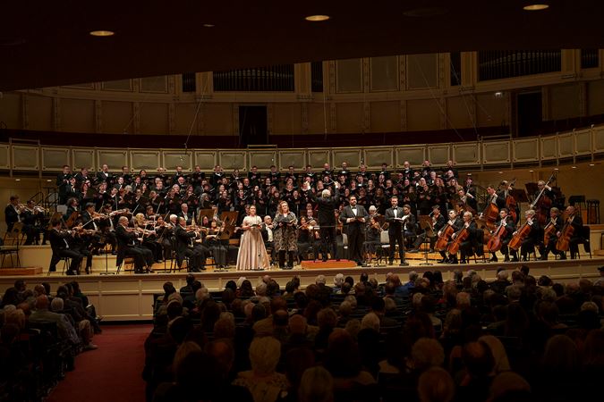 Wide shot of all the performers on stage