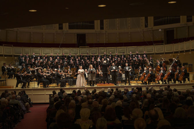 Wide shot of all the performers on stage