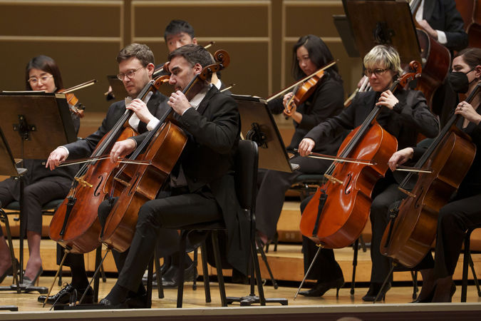 Group shot of the CSO cellos on stage