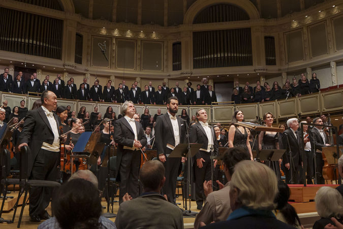 from left: conductor Riccardo Muti, bass-baritone Maharram Huseynov, tenor John Osborn, mezzo Marianne Crebassa, soprano Elena Guseva, and chorus director Donald Palumbo take a bow