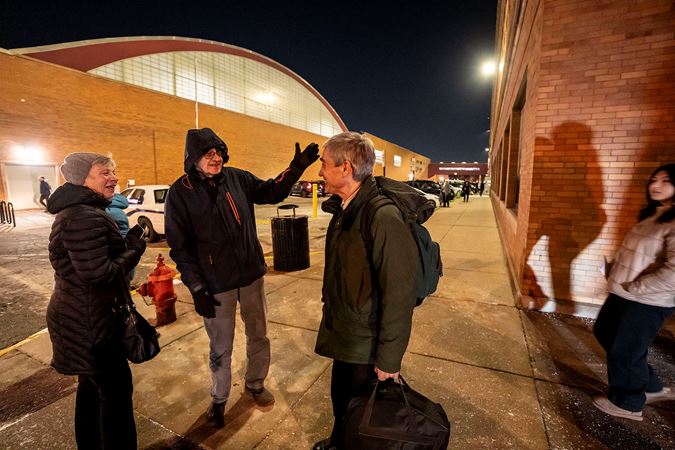 CSO horn player Daniel Gingrich greets audience members outside after the concert