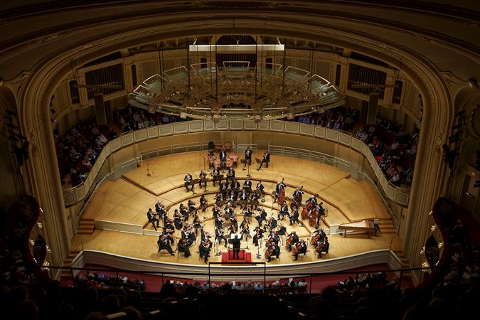 A wide shot of the CSO and conductor Riccardo Muti