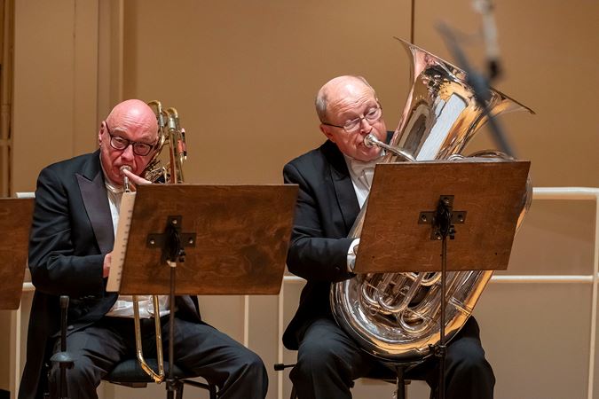 Closeup shot of trombone Charles Vernon and tuba principal tuba Gene Pokorny