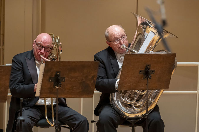 Closeup shot of trombone Charles Vernon and tuba principal tuba Gene Pokorny