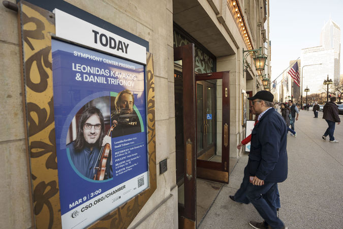 The front-of-house poster for Leonidas Kavakos & Daniil Trifonov's chamber recital outside of Michigan Avenue