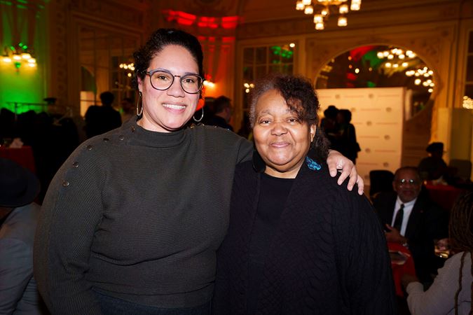 composers Jessie Montgomery and Renee Baker pose after accepting the Crescendo Award for Black Excellence