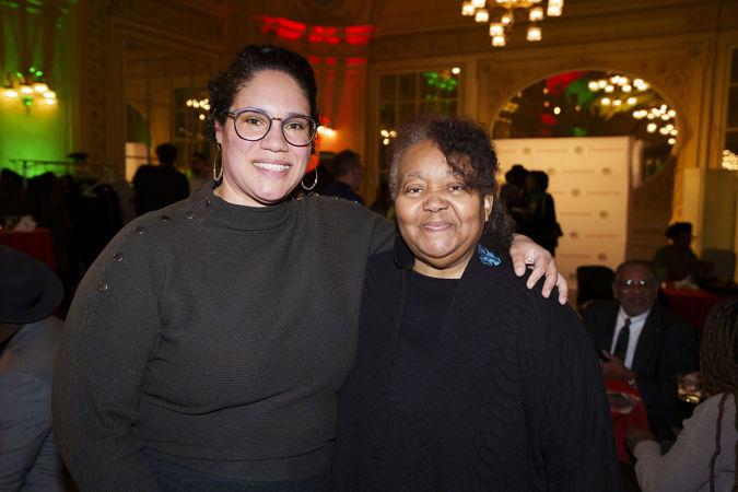 composers Jessie Montgomery and Renee Baker pose after accepting the Crescendo Award for Black Excellence