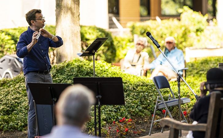 Principal Flute Stefán Ragnar Höskuldsson performs at Montgomery Place retirement community.