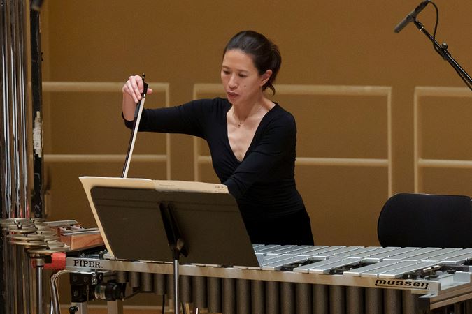 percussionist bowing vibraphone