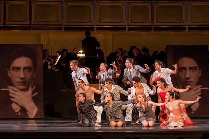 An action shot of The Joffrey Ballet dancers from Blanc's world premiere choreography titled Les Bœufoons