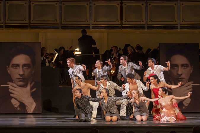 An action shot of The Joffrey Ballet dancers from Blanc's world premiere choreography titled Les Bœufoons