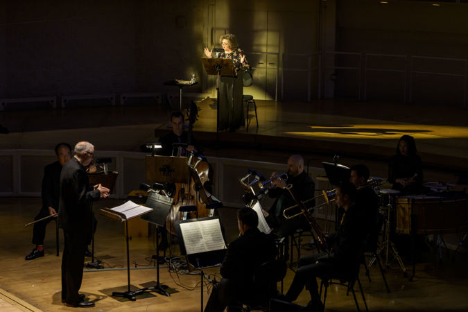 Wide shot of the CSO and an actor (narrator) from The Goodman presenting The Soldier's Tale