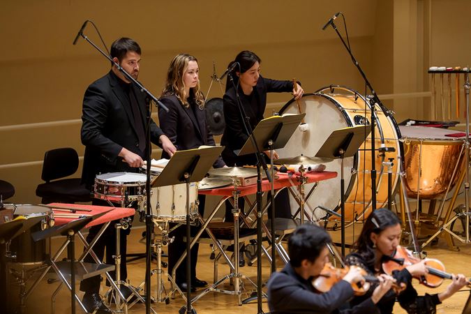 Group action shot of the Civic percussion section
