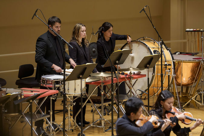 Group action shot of the Civic percussion section