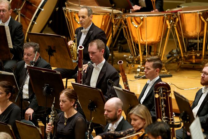 Closeup of CSO bassoon players Keith Buncke and Miles Maner