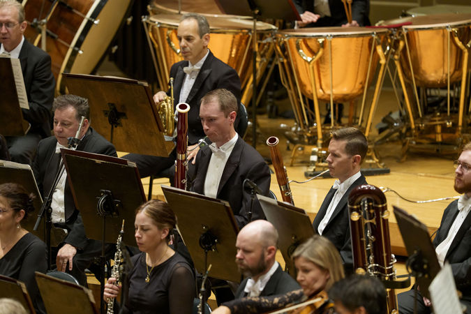 Closeup of CSO bassoon players Keith Buncke and Miles Maner