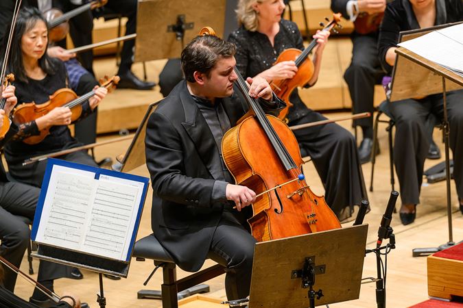 Gabriel Cabezas uses an unusual bow to play his cello during Lost Coast, a concerto written for him