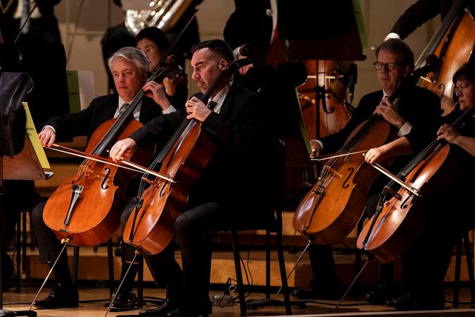 A closeup of cello Kenneth Olsen and Richard Hirschl