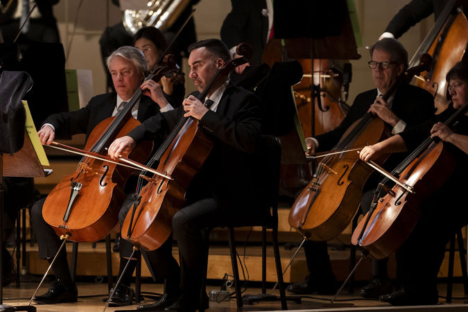 A closeup of cello Kenneth Olsen and Richard Hirschl