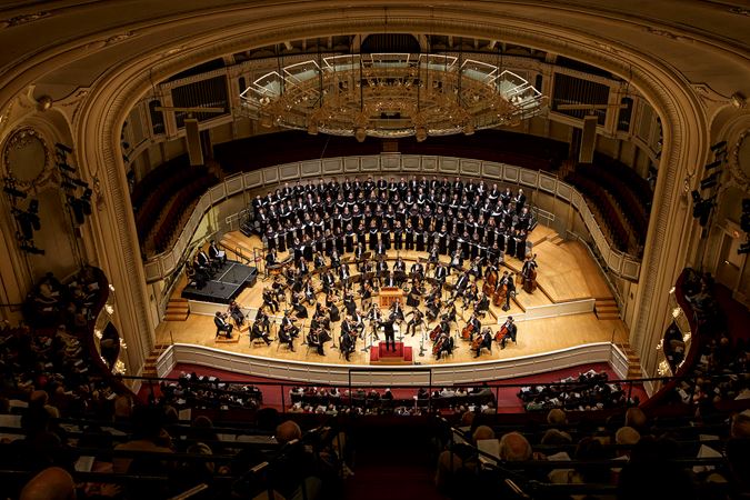 Wide Shot Of The Chicago Symphony Orchestra, Chorus And Conductor Manfred Honeck On Stage