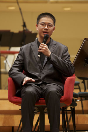 2025 Young Artists Competition finalist Tong-Bai Deng speaking at a post concert Q&A