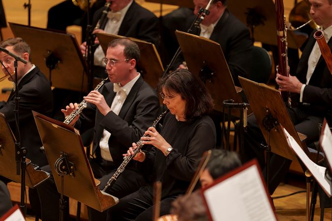 Closeup action shot of CSO oboe William Welter and Lora Schaefer