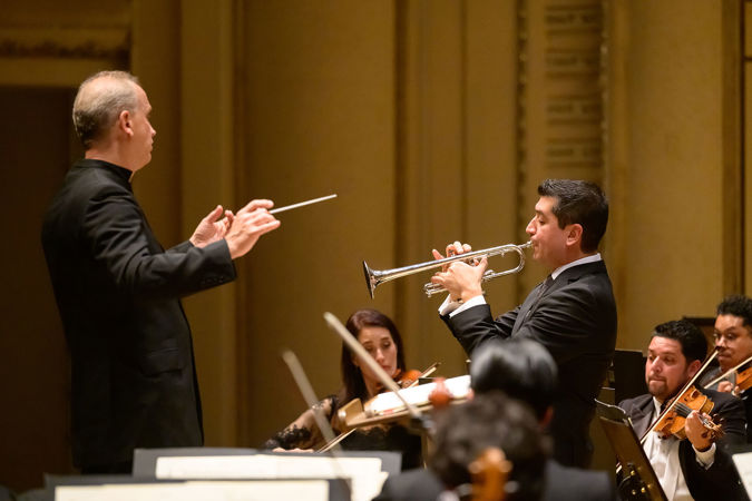 Carlos Miguel Prieto conducts as Pacho Flores solos on trumpet