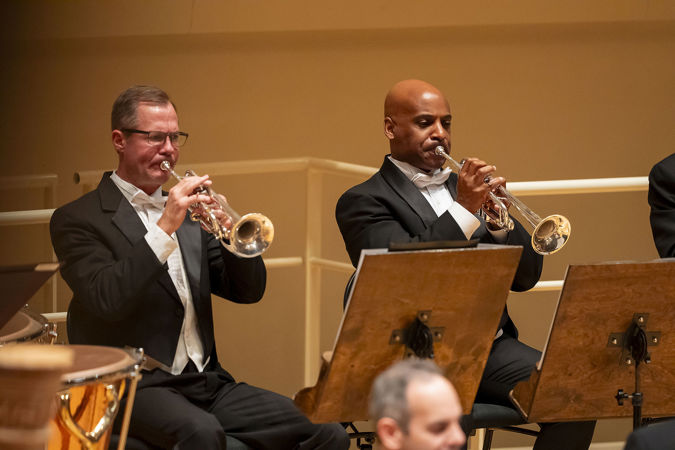 Close up of trumpet Tage Larson and another trumpet player