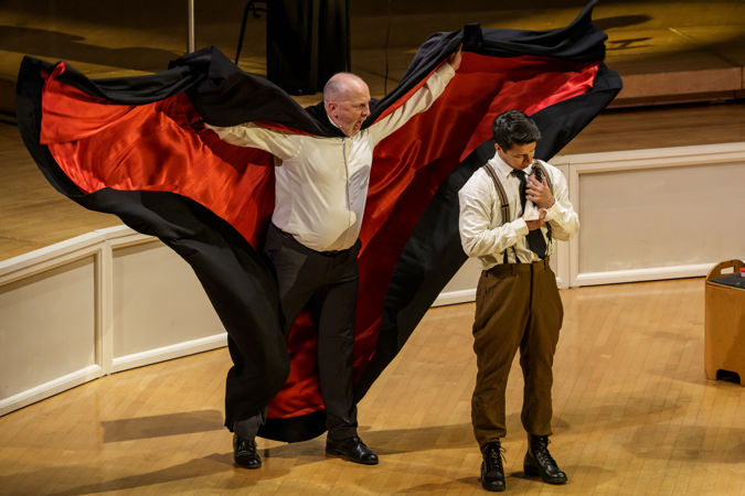 Closeup of actors (the devil and the soldier) from The Goodman performing The Soldier's Tale with the Chicago Symphony Orchestra
