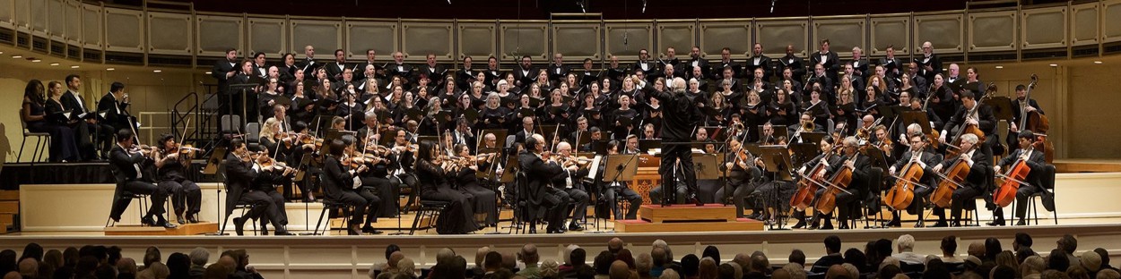 The Chicago Symphony Orchestra and Chorus perform on stage in Orchestra Hall