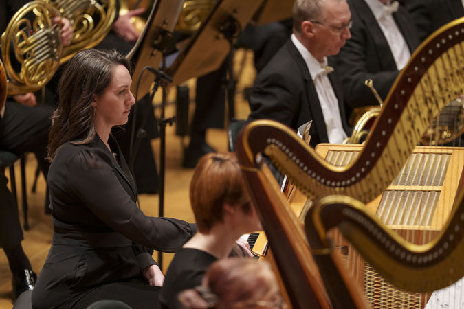 Closeup shot of a CSO pianist playing the celesta